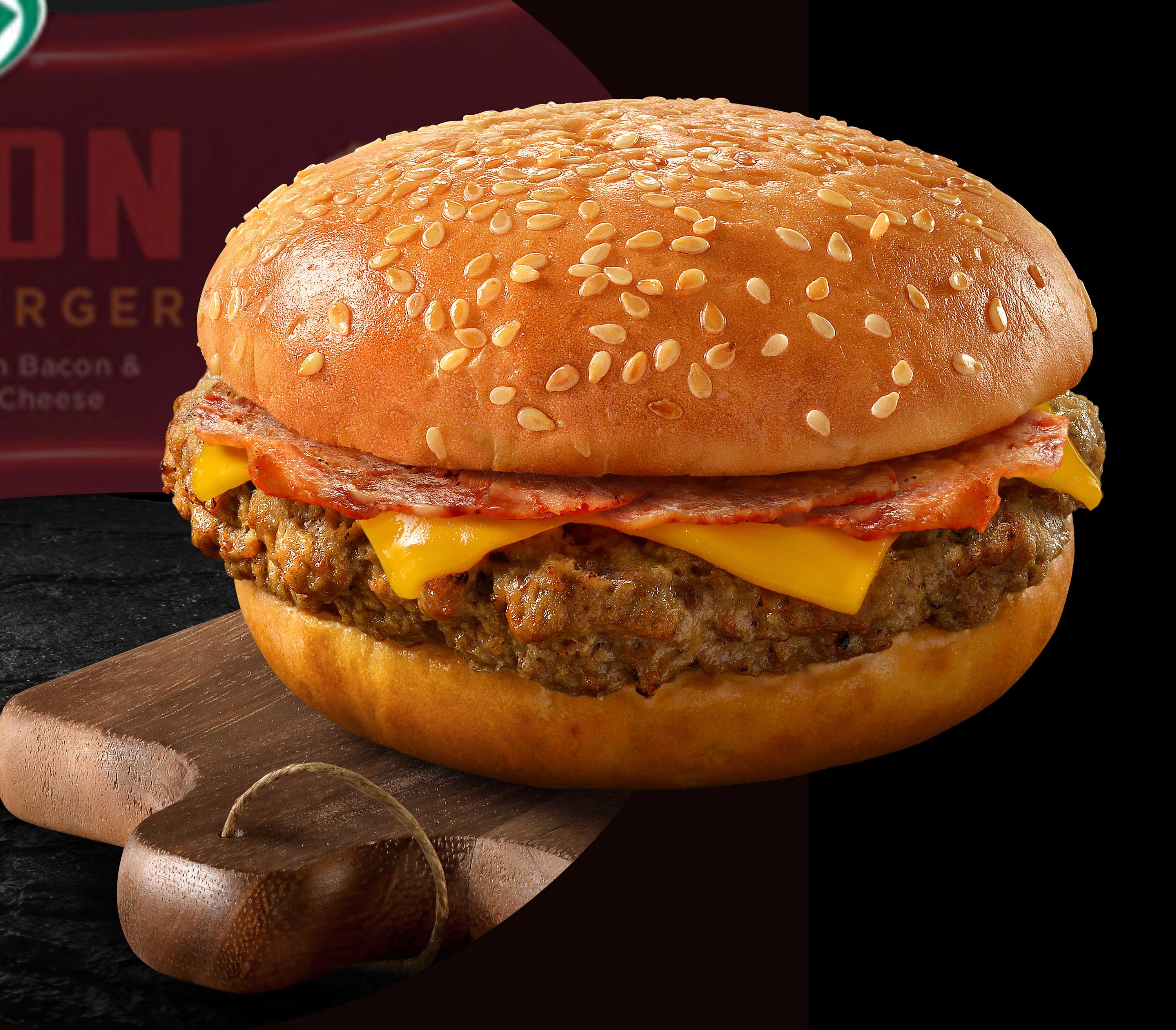 mike wepplo photoreal photography bacon cheeseburger on cutting board