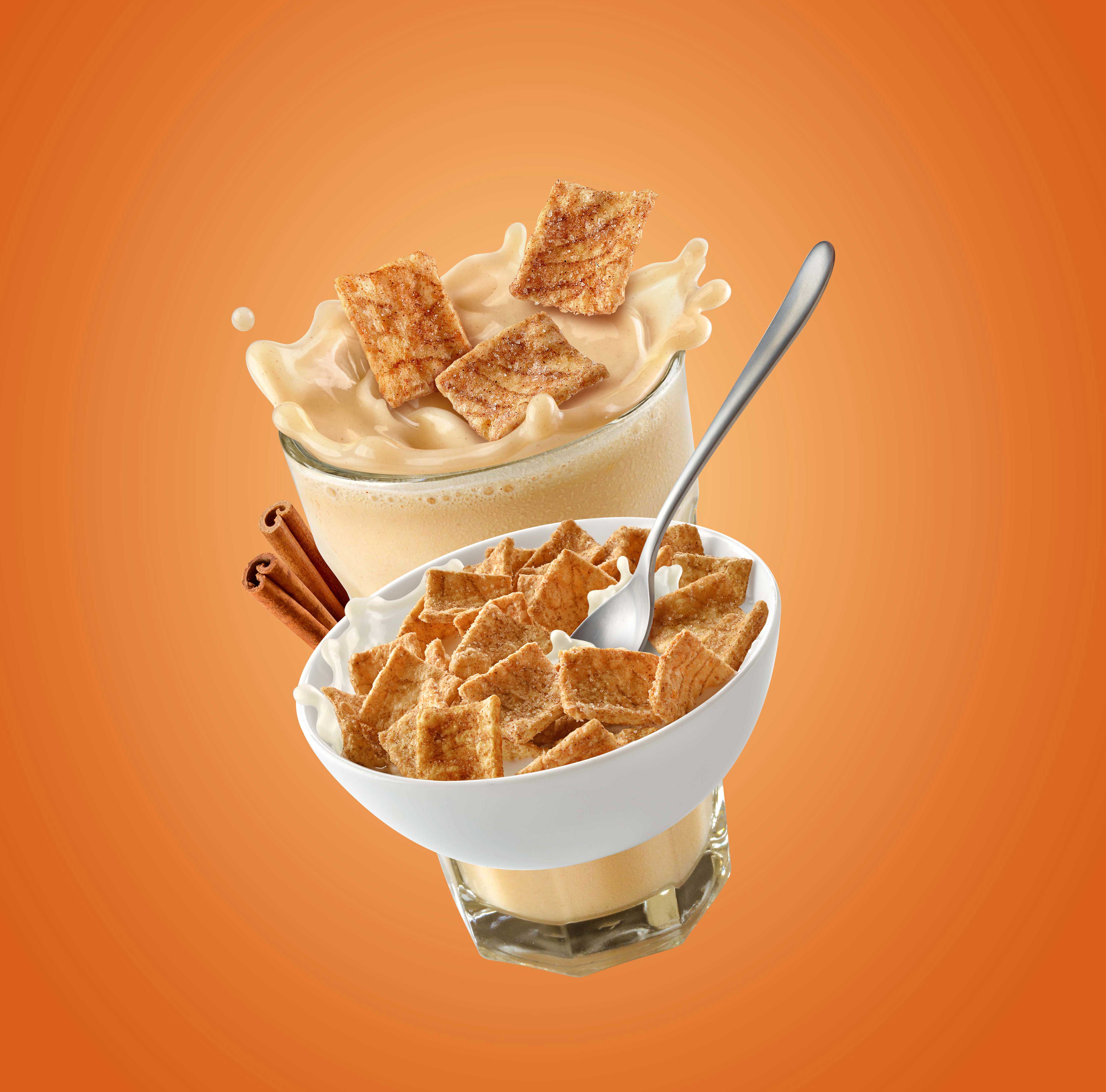 mike wepplo photoreal photography cinnamon crunch cereal and drink splash