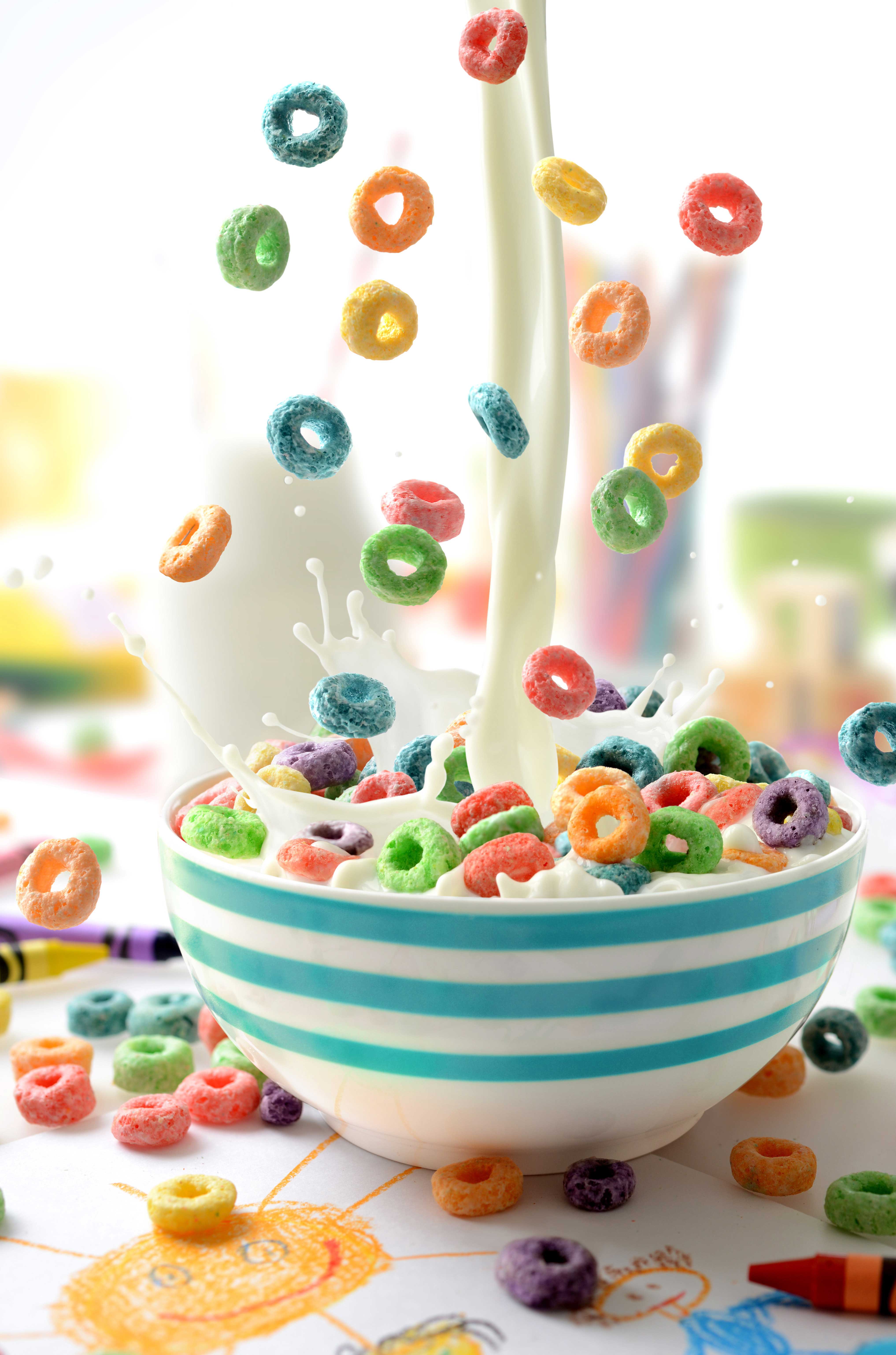 mike wepplo photoreal photography rainbow cereal with milk splash